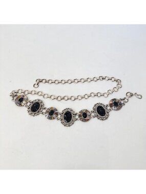 Vintage Boho Chain Belt Silver Tone Black Stone Concho Style Mosaic Adjustable